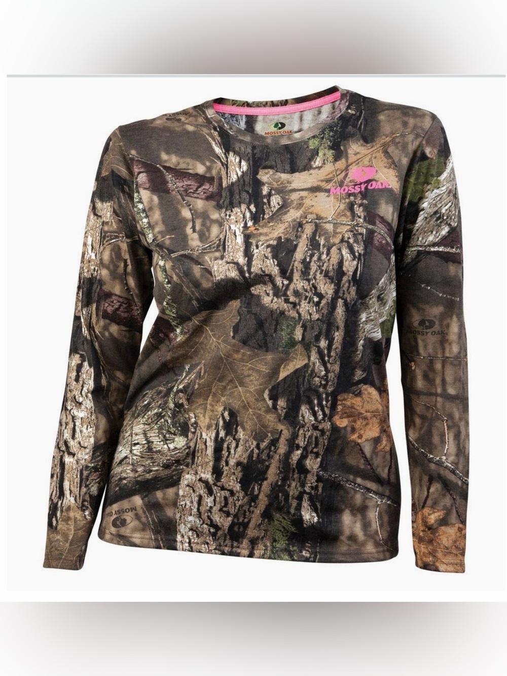 Mossy Oak Women's Long Sleeve Camouflage Tee with Pink Logo Accent
Size L